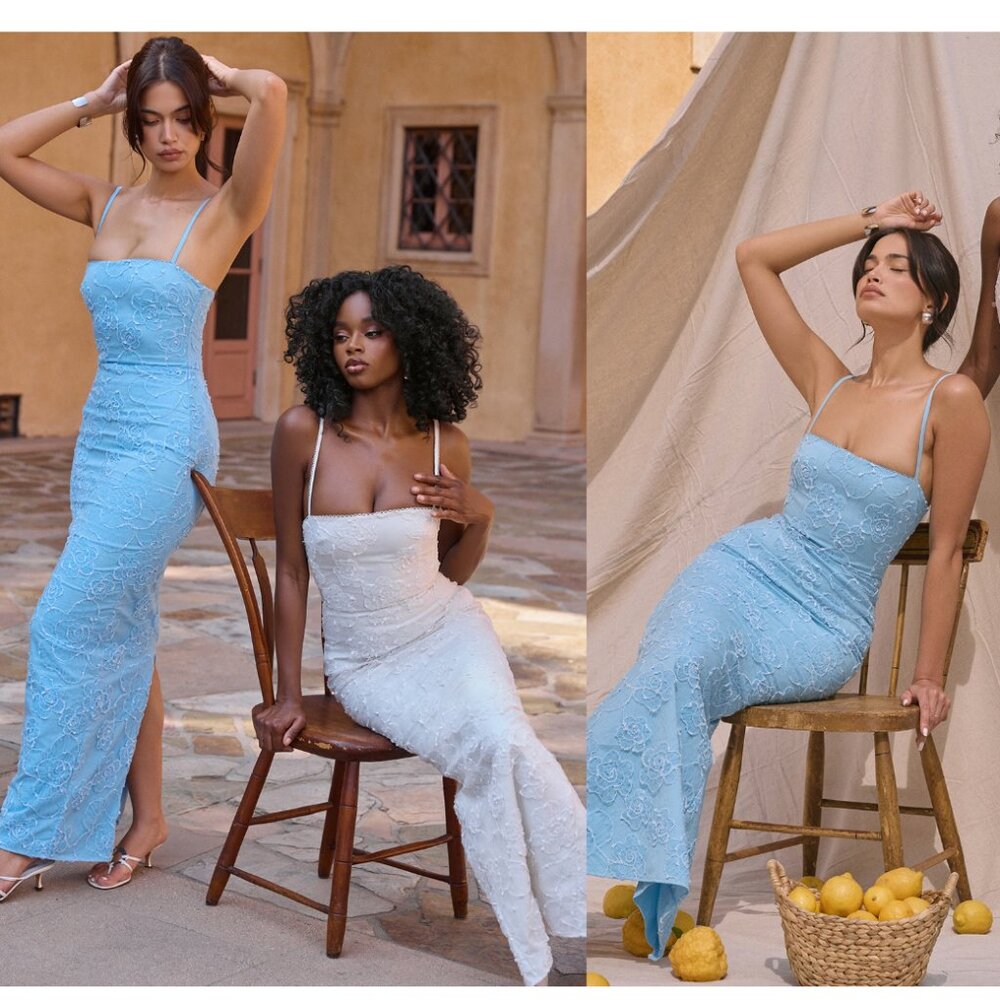 House Of Cb Eva Maxi Dress TUSCAN BLUE EMBROIDERED FLORAL MAXI DRESS NWT size S - Picture 3 of 12